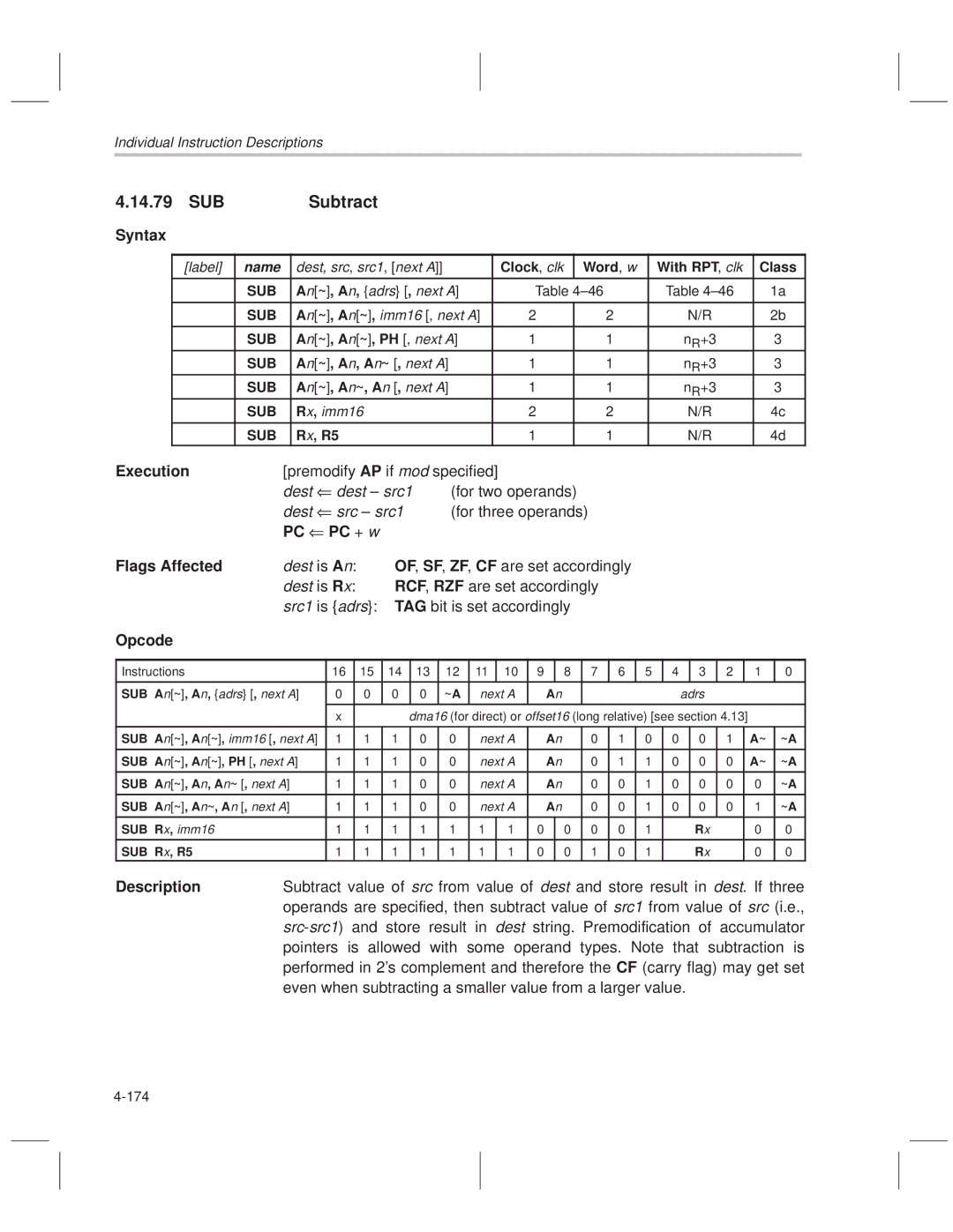 Texas Instruments MSP50C614 manual SUB Subtract, Dest, src , src1 , next a, An ~ , An , adrs , next a 