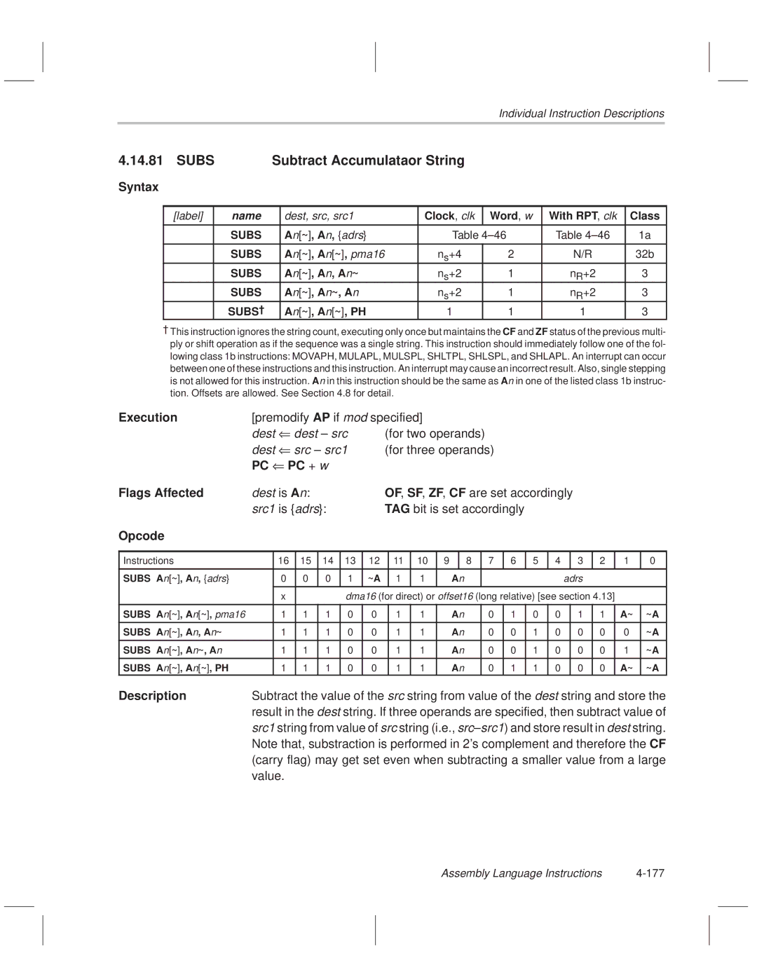 Texas Instruments MSP50C614 manual Subs Subtract Accumulataor String, Assembly Language Instructions 177 