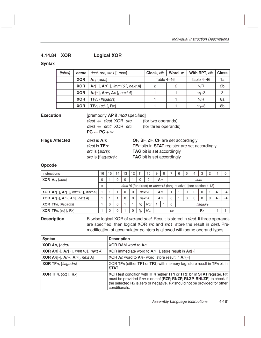 Texas Instruments MSP50C614 manual XOR Logical XOR, XOR src For two operands, XOR src For three operands 