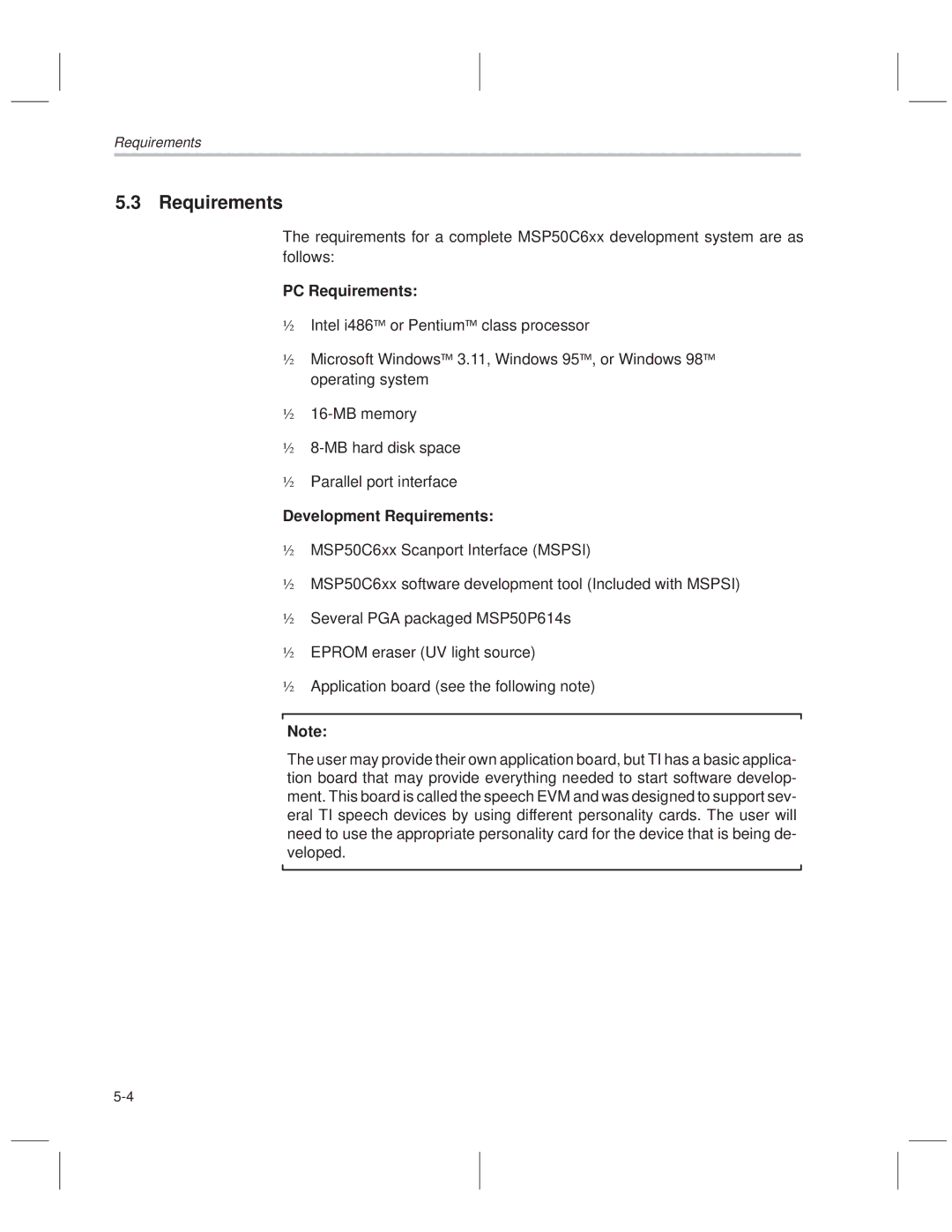 Texas Instruments MSP50C614 manual PC Requirements, Development Requirements 