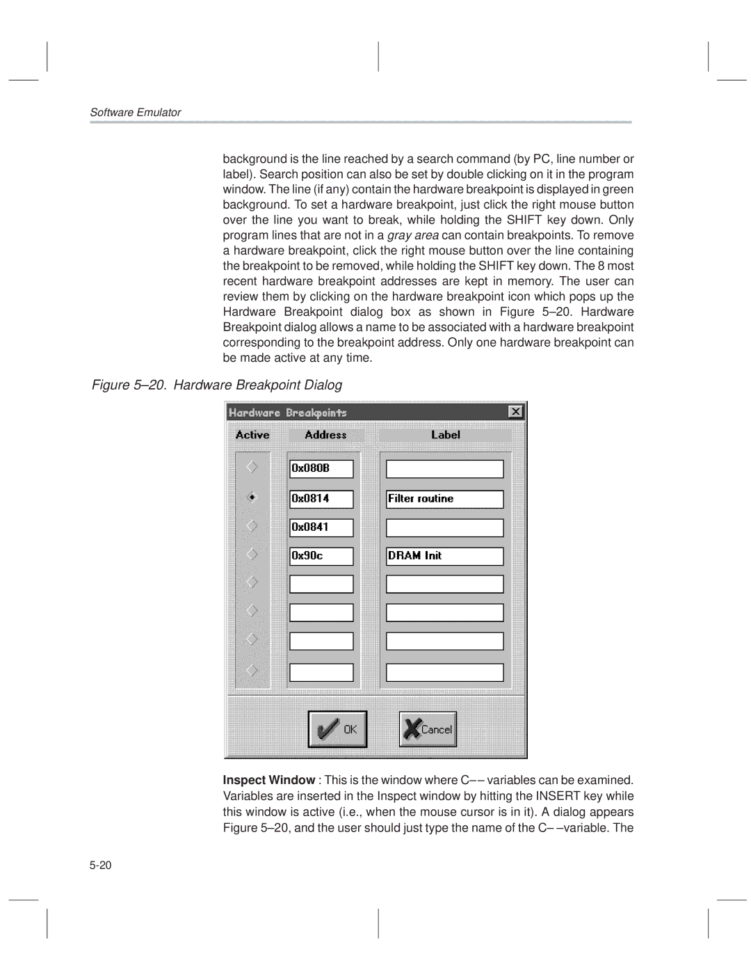 Texas Instruments MSP50C614 manual ±20. Hardware Breakpoint Dialog 