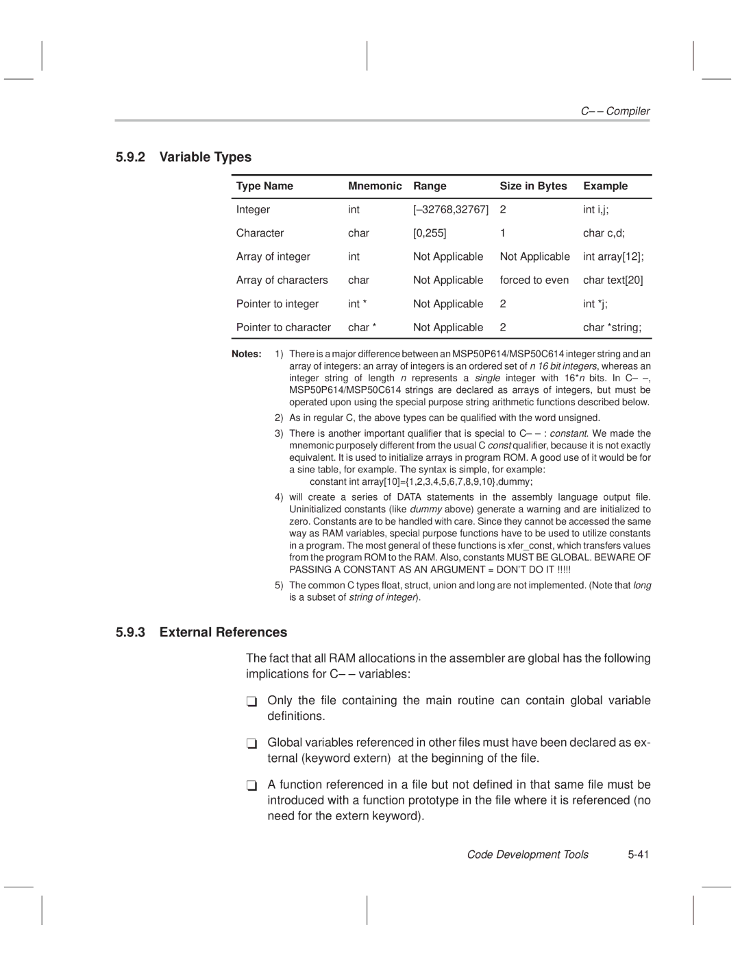 Texas Instruments MSP50C614 manual Variable Types, External References, Type Name Mnemonic Range Size in Bytes Example 