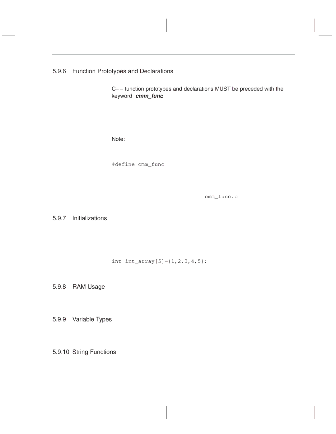 Texas Instruments MSP50C614 manual Function Prototypes and Declarations, Initializations, RAM Usage, String Functions 