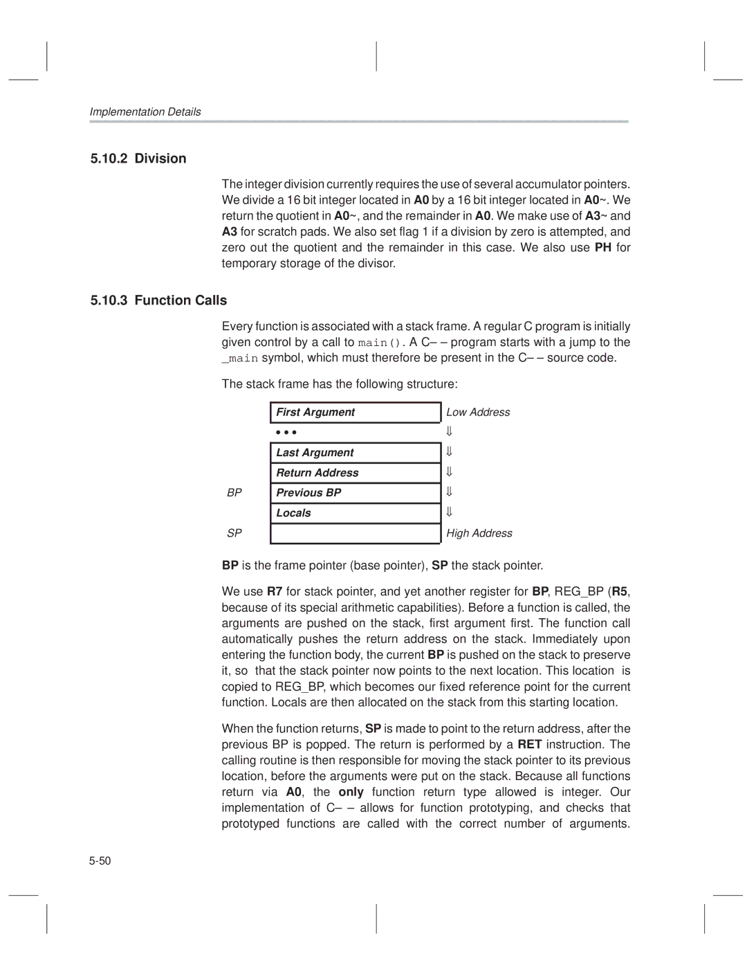 Texas Instruments MSP50C614 Division, Function Calls, Stack frame has the following structure, Low Address High Address 
