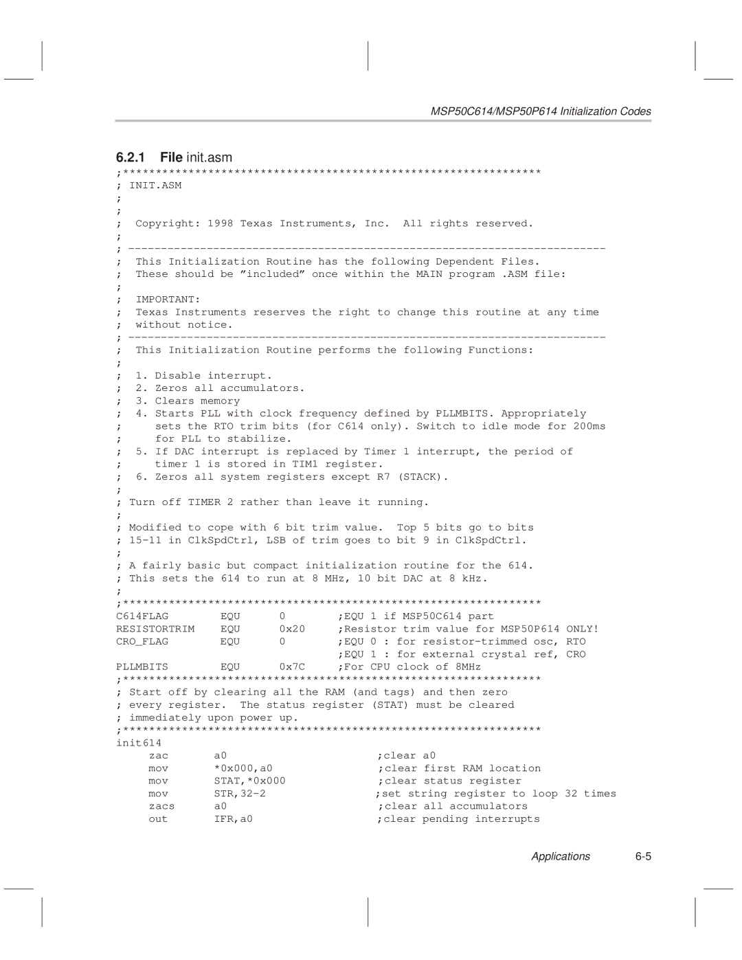 Texas Instruments MSP50C614 manual File init.asm 