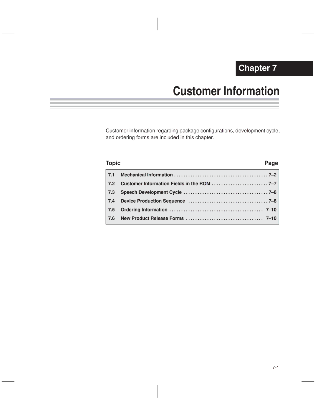 Texas Instruments MSP50C614 manual Customer Information 