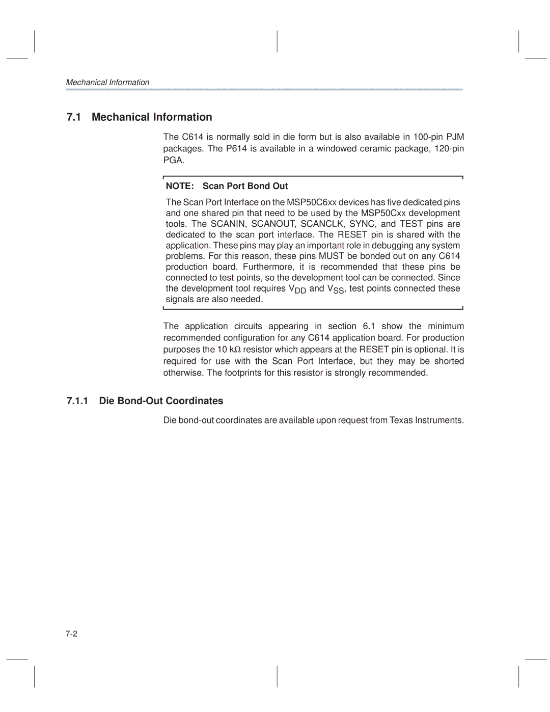 Texas Instruments MSP50C614 manual Mechanical Information, Die Bond-Out Coordinates 