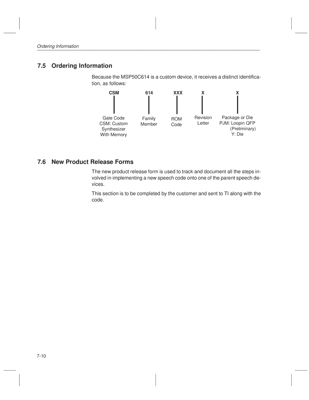 Texas Instruments MSP50C614 manual Ordering Information, New Product Release Forms 