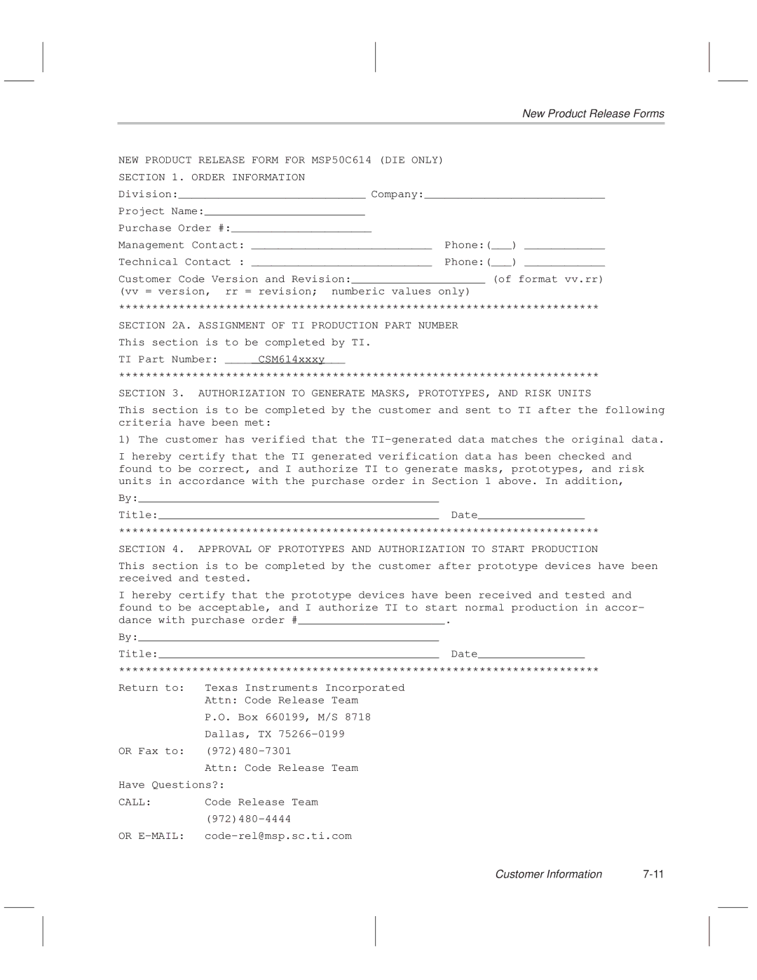 Texas Instruments MSP50C614 manual New Product Release Forms, Authorization to Generate MASKS, PROTOTYPES, and Risk Units 