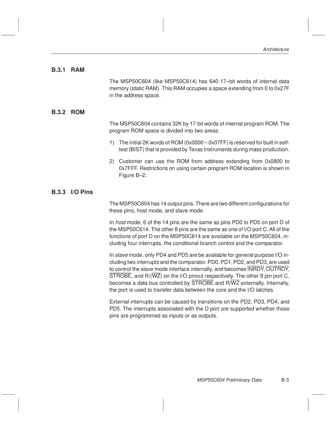 Texas Instruments MSP50C614 manual Architecture, MSP50C604 Preliminary Data 