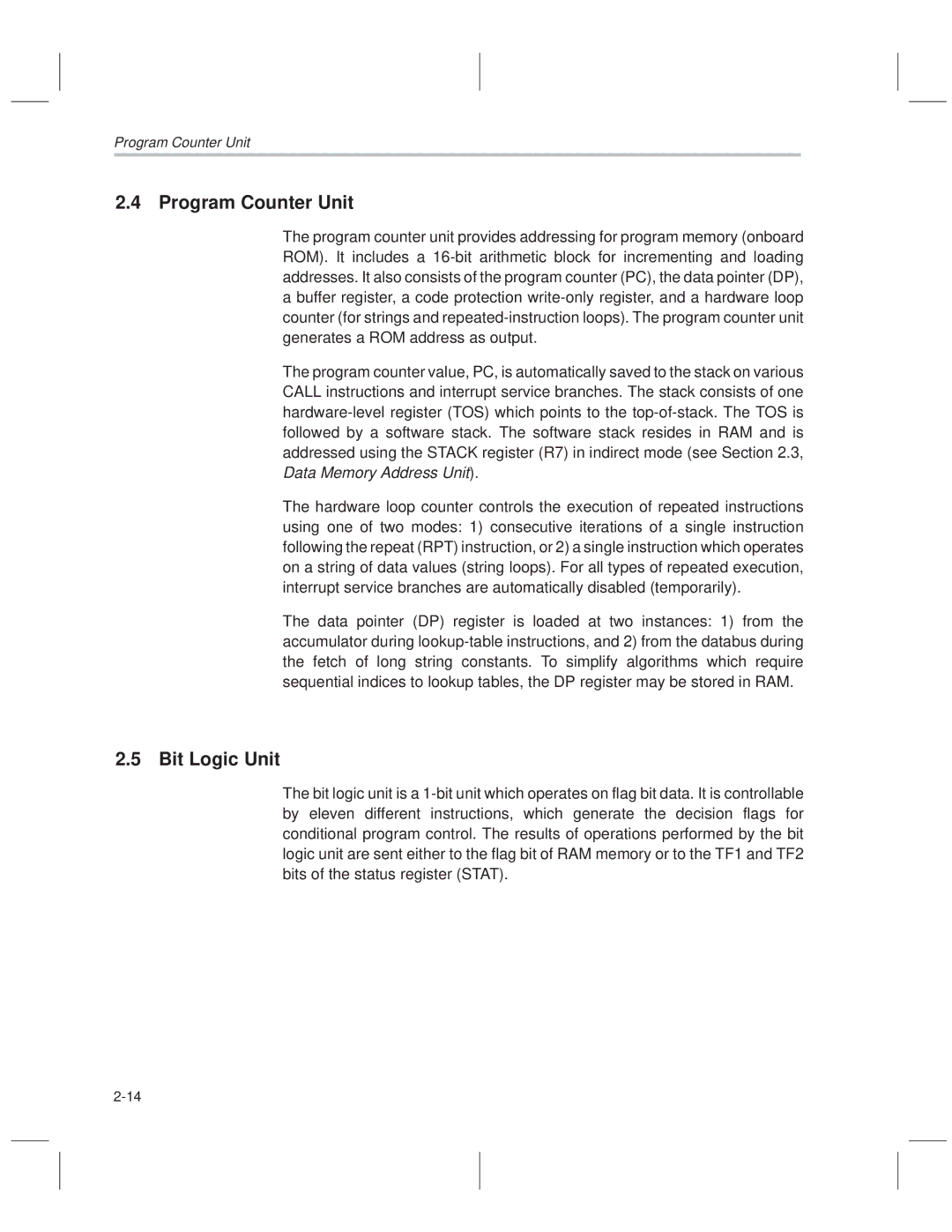 Texas Instruments MSP50C614 manual Program Counter Unit, Bit Logic Unit 