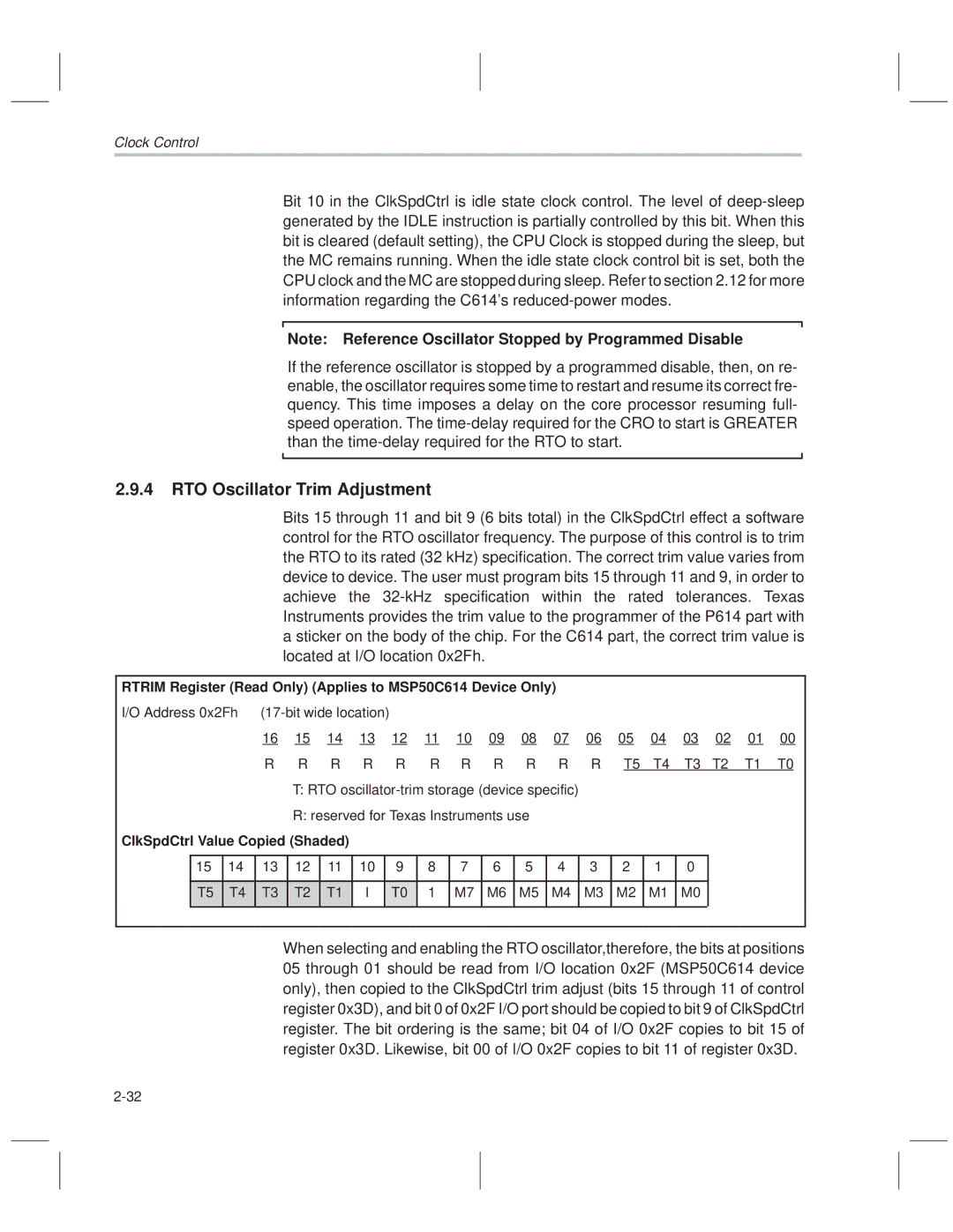 Texas Instruments manual RTO Oscillator Trim Adjustment, Rtrim Register Read Only Applies to MSP50C614 Device Only 