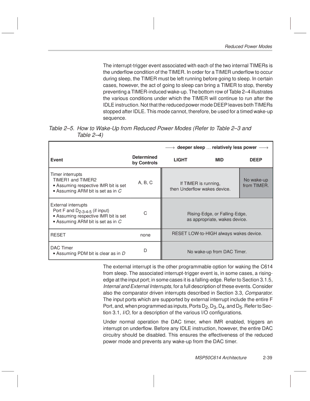 Texas Instruments MSP50C614 manual Deeper sleep … Relatively less power → Event Determined 