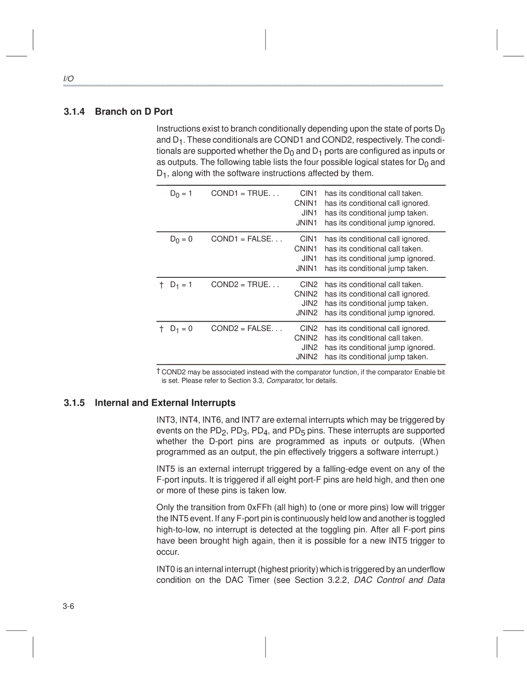 Texas Instruments MSP50C614 manual Branch on D Port, Internal and External Interrupts 