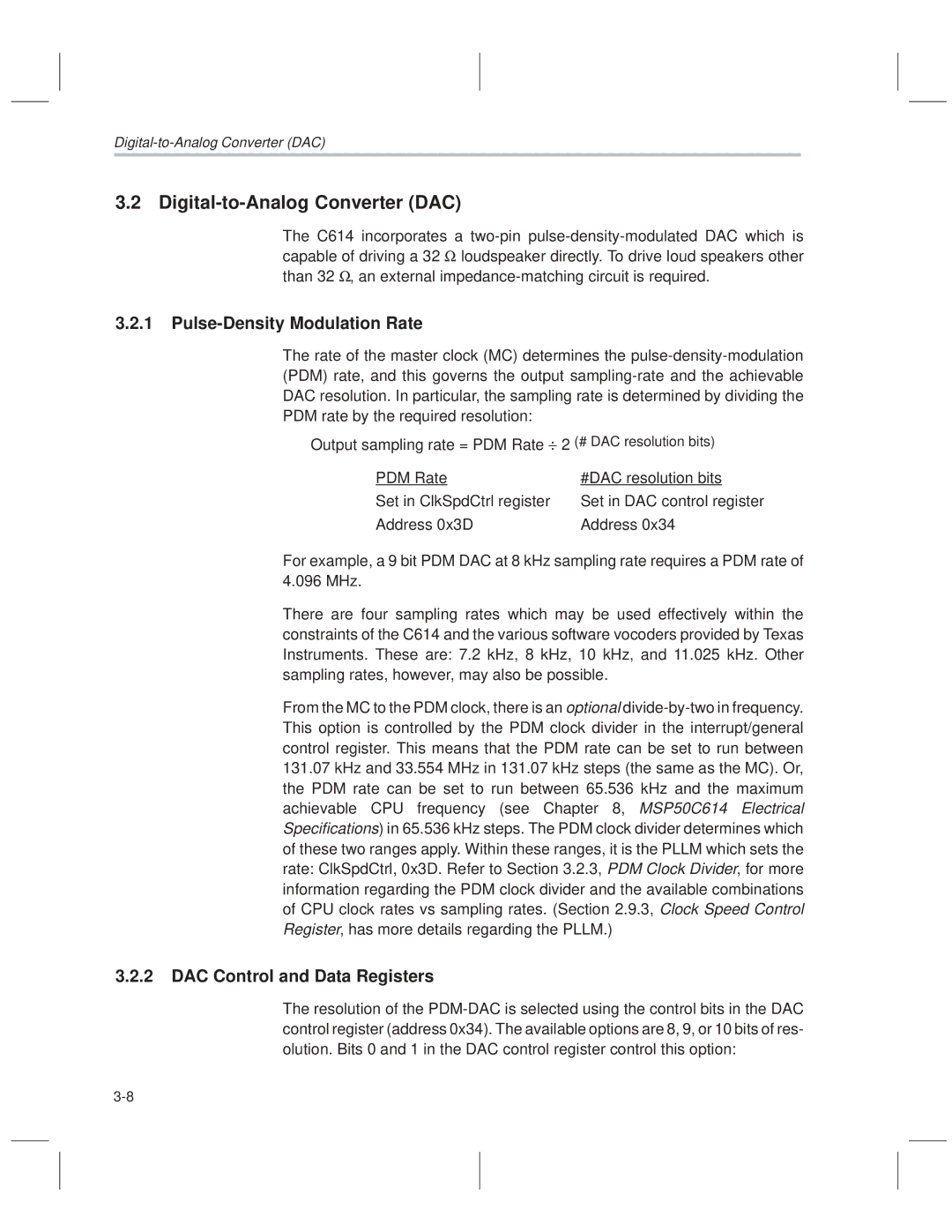 Texas Instruments MSP50C614 Digital-to-Analog Converter DAC, Pulse-Density Modulation Rate, DAC Control and Data Registers 