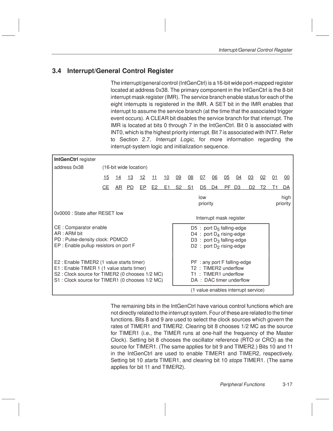 Texas Instruments MSP50C614 manual Interrupt/General Control Register, IntGenCtrl register 