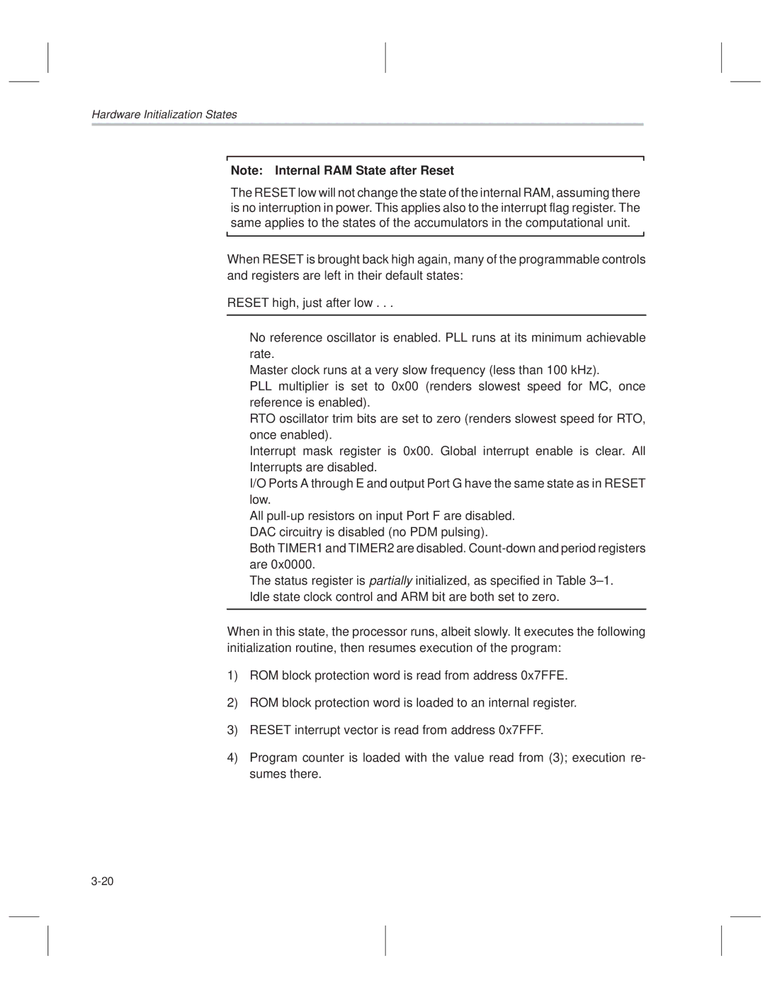 Texas Instruments MSP50C614 manual Hardware Initialization States 