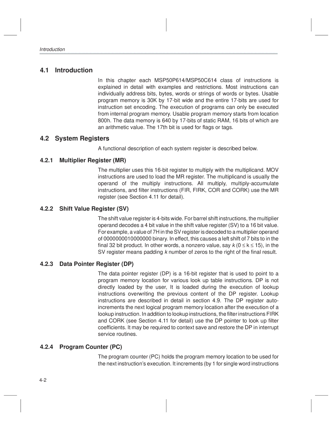 Texas Instruments MSP50C614 manual Introduction, System Registers 