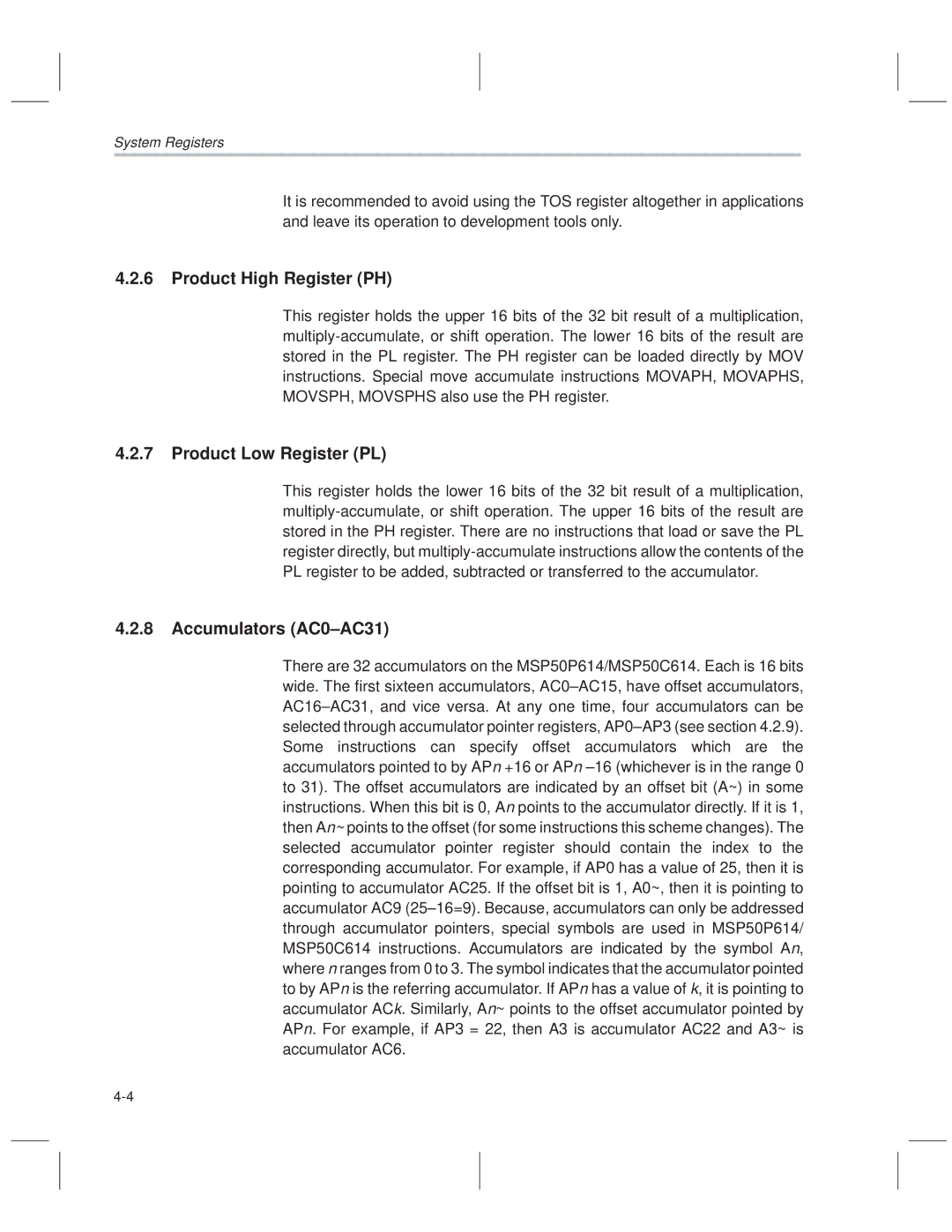 Texas Instruments MSP50C614 manual Product High Register PH, Product Low Register PL, Accumulators AC0±AC31 