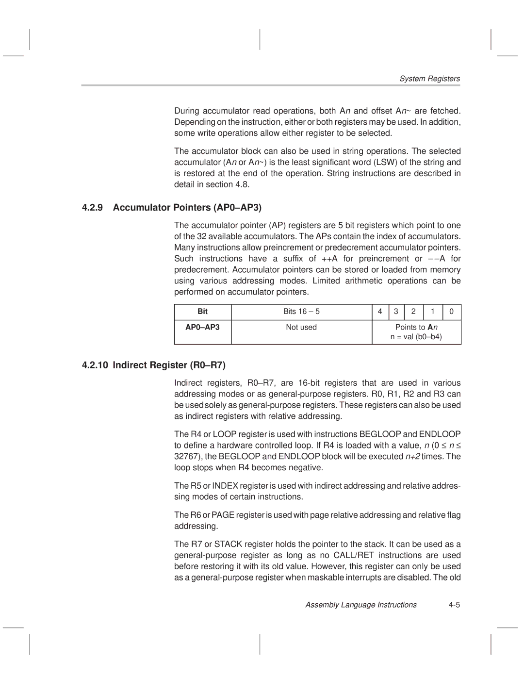 Texas Instruments MSP50C614 manual Accumulator Pointers AP0±AP3, Indirect Register R0±R7, Bit 