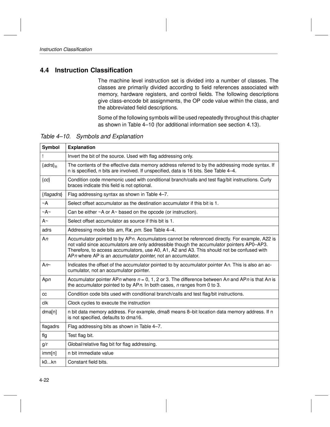 Texas Instruments MSP50C6xx manual Instruction Classification, Symbols and Explanation, Symbol Explanation, Adrs n 