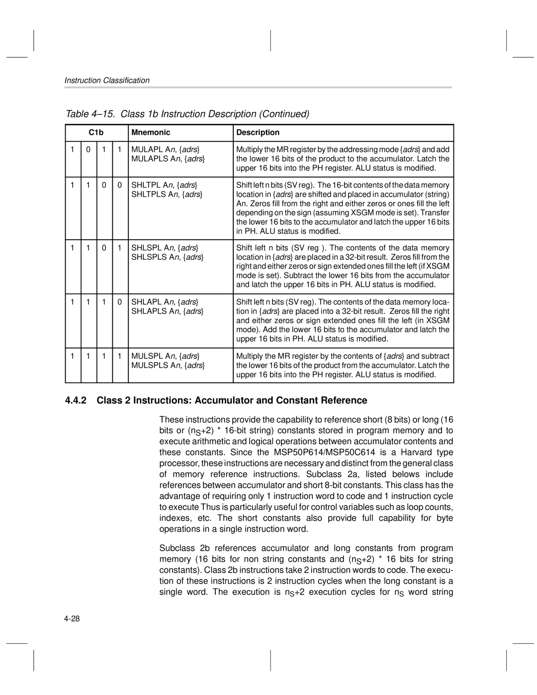 Texas Instruments MSP50C6xx manual Class 2 Instructions Accumulator and Constant Reference 