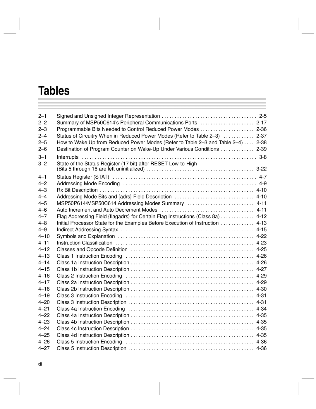 Texas Instruments MSP50C6xx manual Tables 