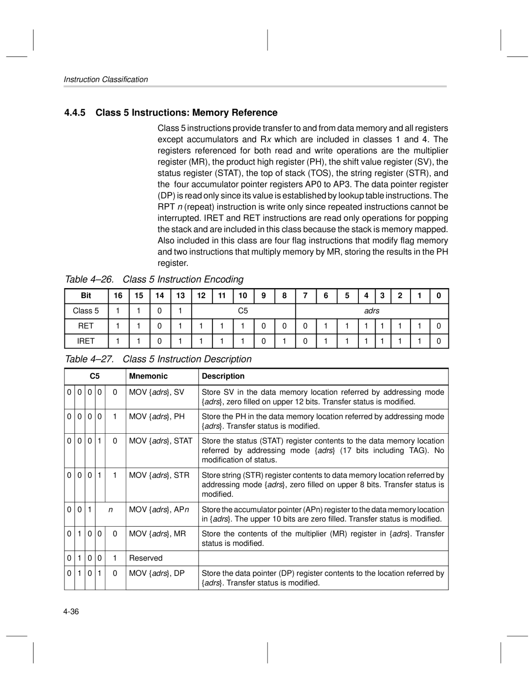 Texas Instruments MSP50C6xx manual Class 5 Instructions Memory Reference, Class 5 Instruction Encoding, MOV adrs, AP n 