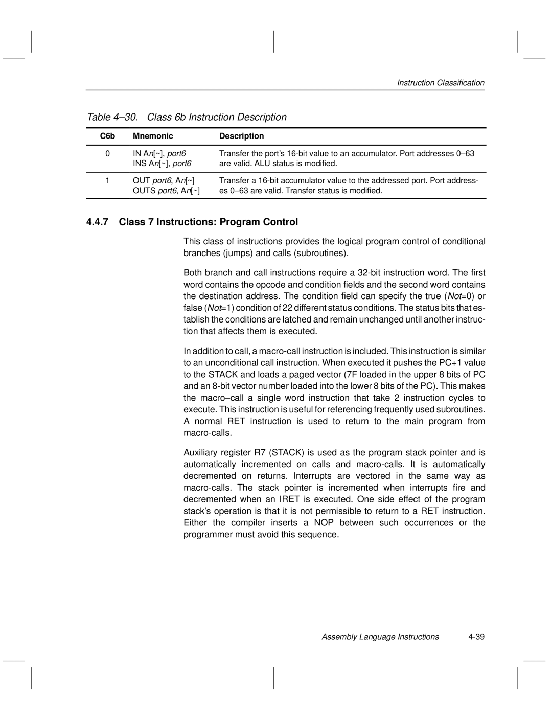 Texas Instruments MSP50C6xx manual Class 6b Instruction Description, Class 7 Instructions Program Control 