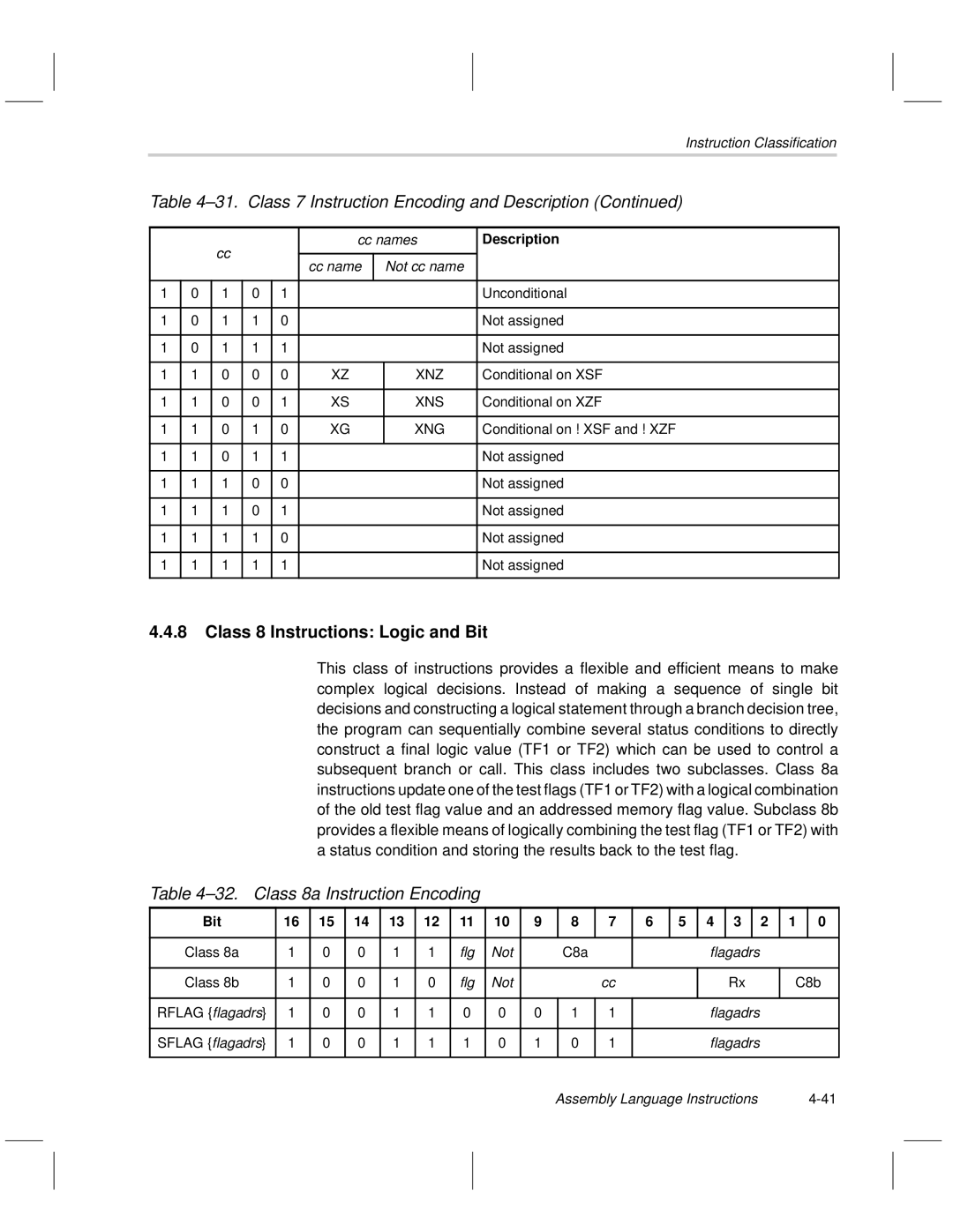 Texas Instruments MSP50C6xx manual Class 8 Instructions Logic and Bit, Class 8a Instruction Encoding 