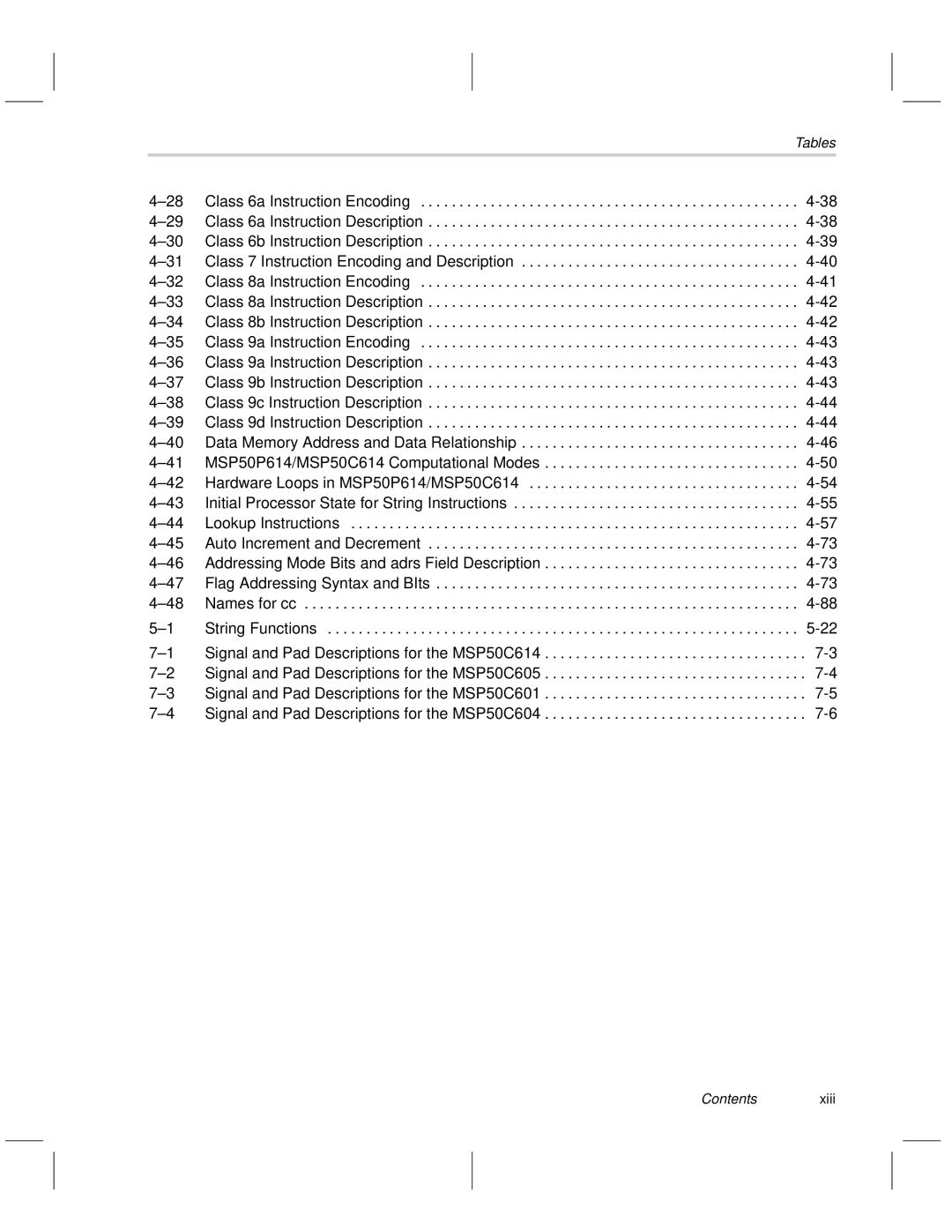 Texas Instruments MSP50C6xx manual Tables, Contentsxiii 