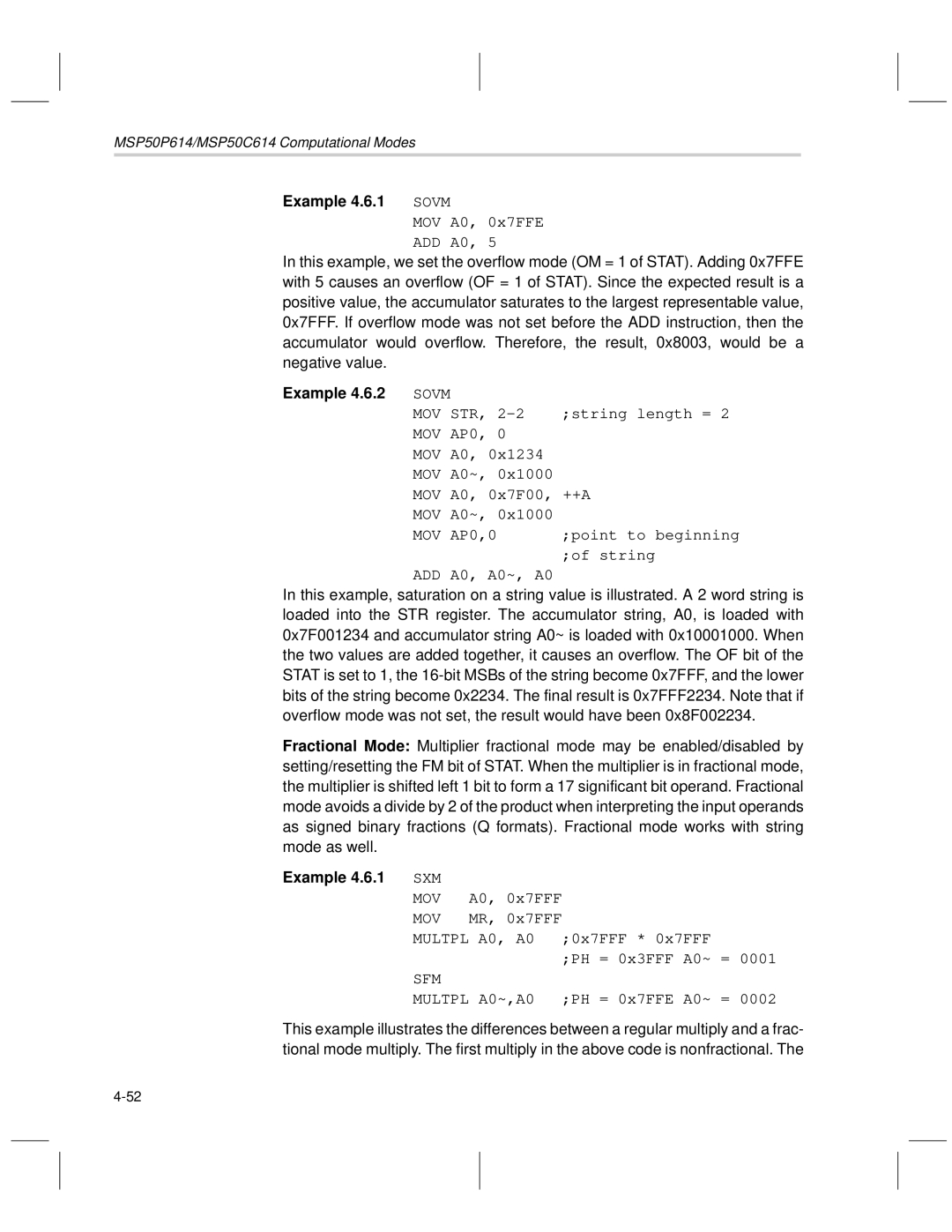 Texas Instruments MSP50C6xx manual Example 4.6.1 Sovm, Example 4.6.2 Sovm, Example 4.6.1 SXM 