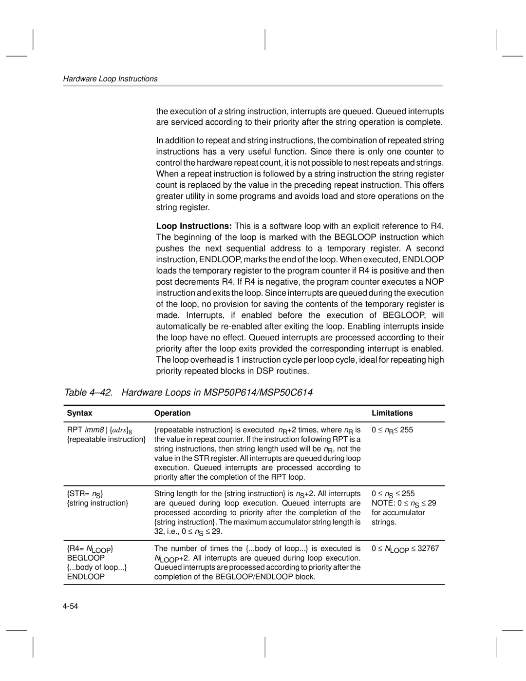 Texas Instruments MSP50C6xx manual Hardware Loops in MSP50P614/MSP50C614, Syntax Operation Limitations 