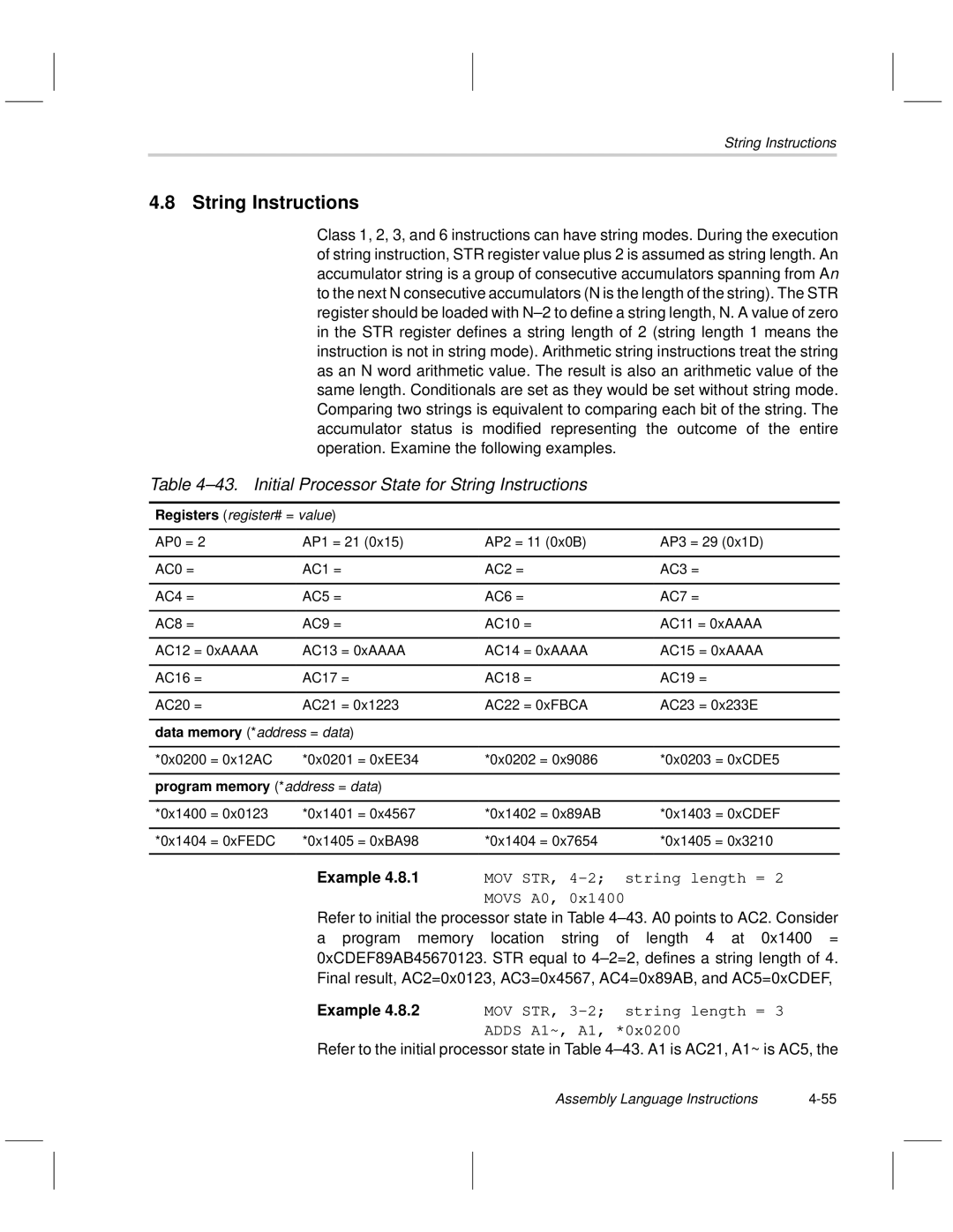 Texas Instruments MSP50C6xx manual Initial Processor State for String Instructions, Data memory *address = data 