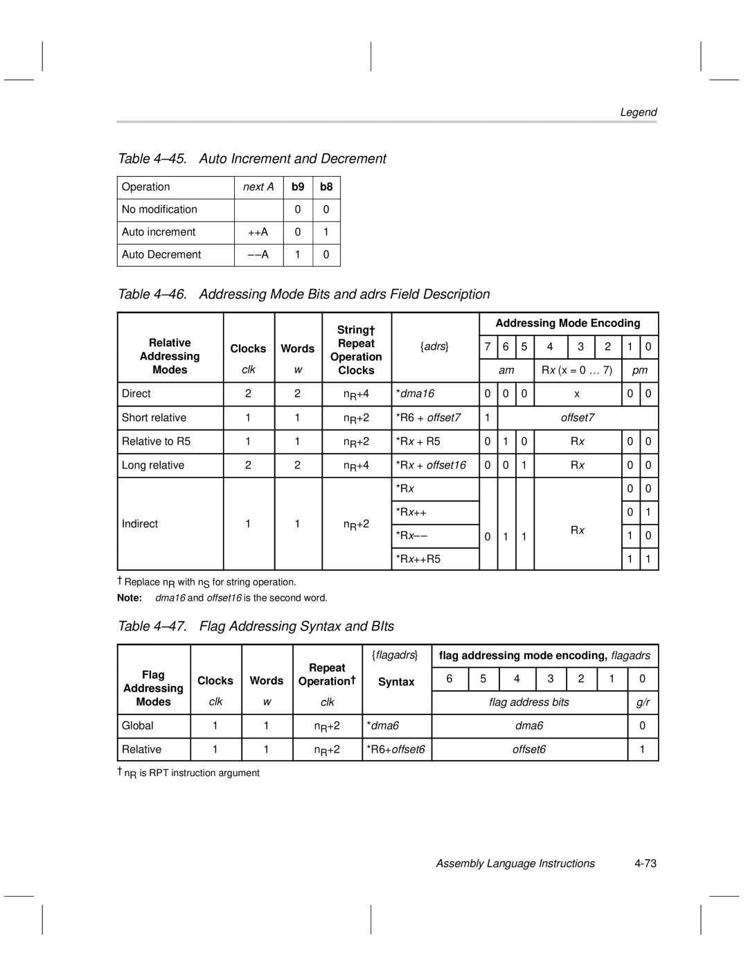 Texas Instruments MSP50C6xx manual Auto Increment and Decrement, Addressing Mode Bits and adrs Field Description 