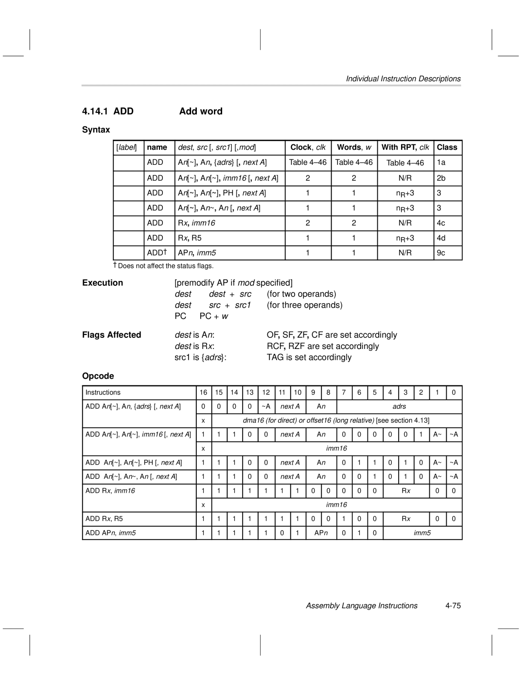 Texas Instruments MSP50C6xx manual ADD Add word, Execution 