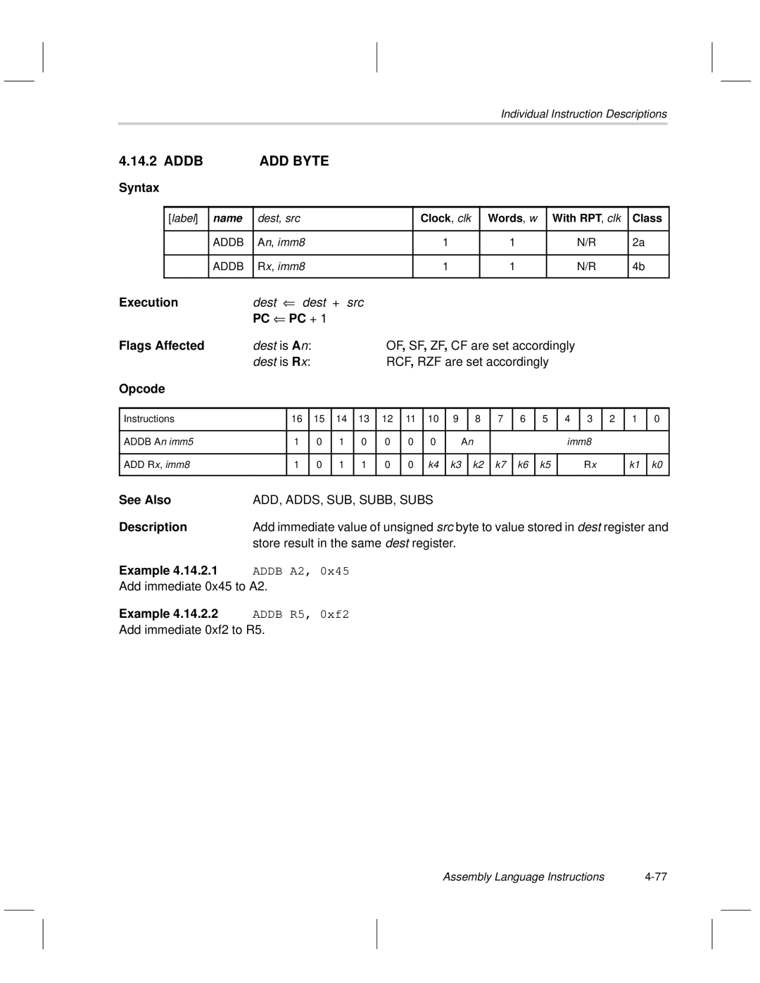 Texas Instruments MSP50C6xx manual Addb, PC PC + Flags Affected, Opcode 