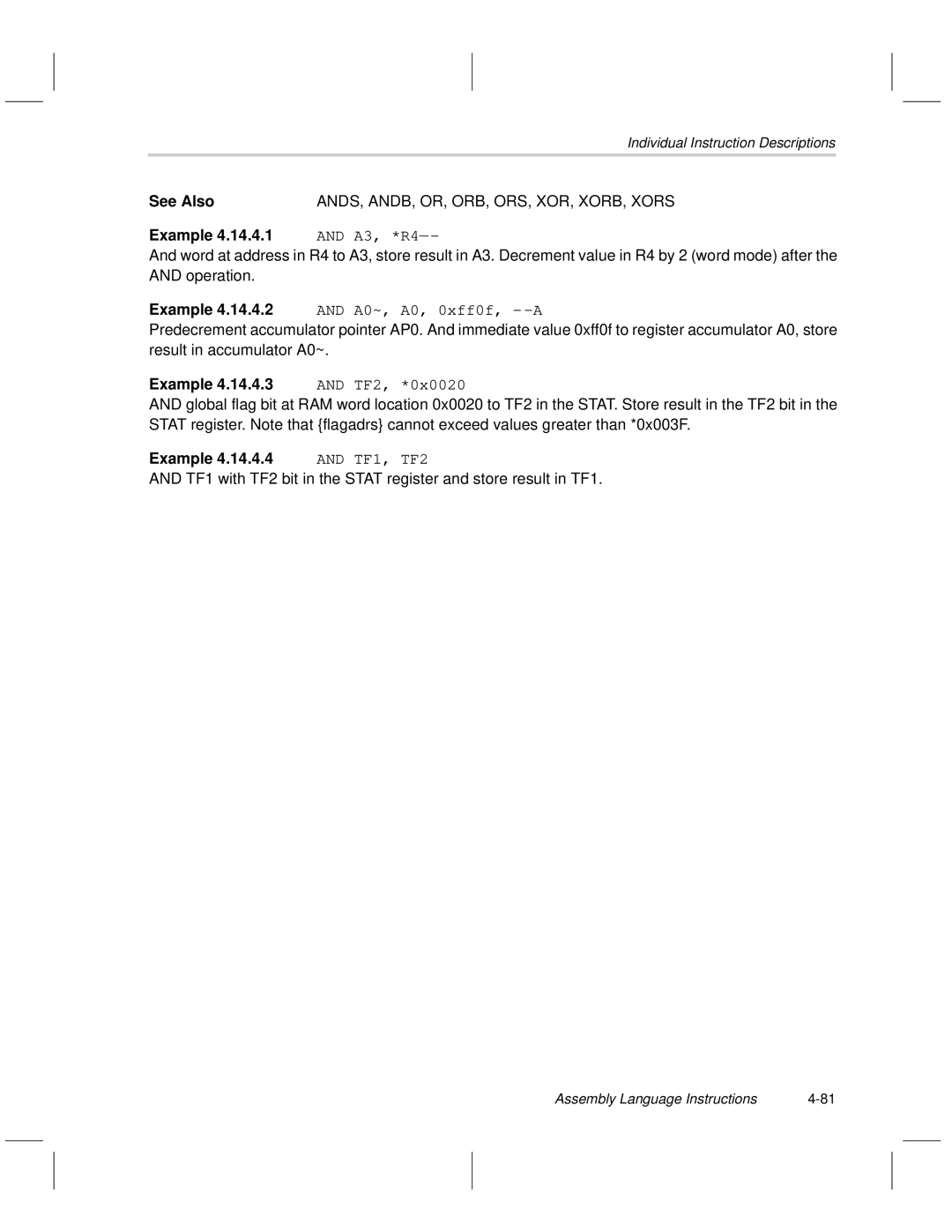 Texas Instruments MSP50C6xx manual ANDS, ANDB, OR, ORB, ORS, XOR, XORB, Xors, A3, *R4, TF2, *0x0020 