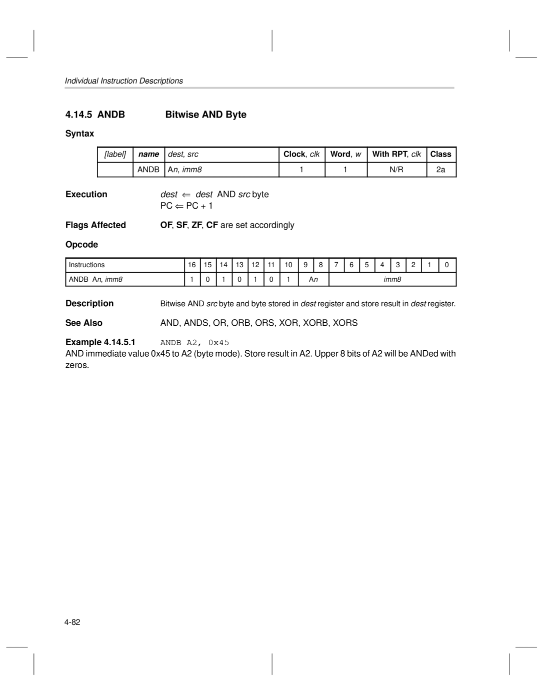 Texas Instruments MSP50C6xx manual Andb Bitwise and Byte, Src byte PC PC +, OF, SF, ZF, CF are set accordingly, An , imm8 