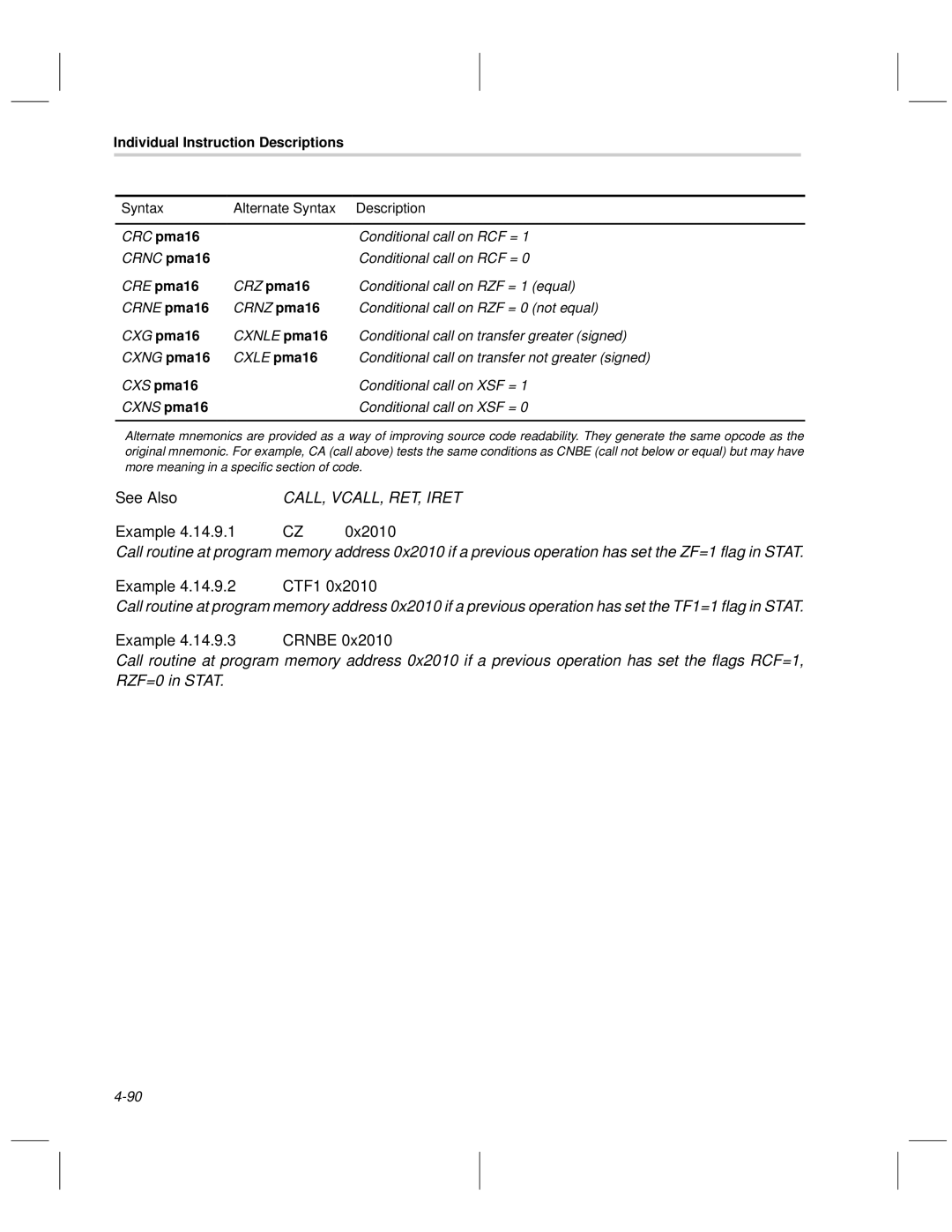 Texas Instruments MSP50C6xx manual CALL, VCALL, RET, Iret, 0x2010, CTF1, Crnbe 