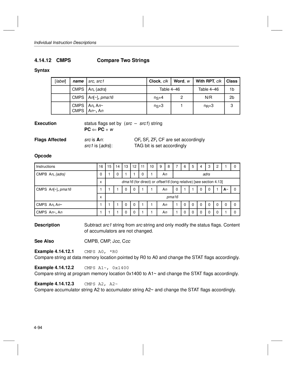 Texas Instruments MSP50C6xx manual Cmps Compare Two Strings, PC PC + w Flags Affected, Cmps A1~, Cmps A2, A2~ 