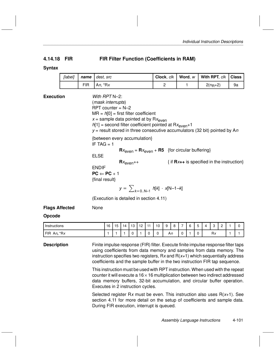 Texas Instruments MSP50C6xx manual FIR FIR Filter Function Coefficients in RAM, An, *Rx 2nR+2, Rxeven++ 