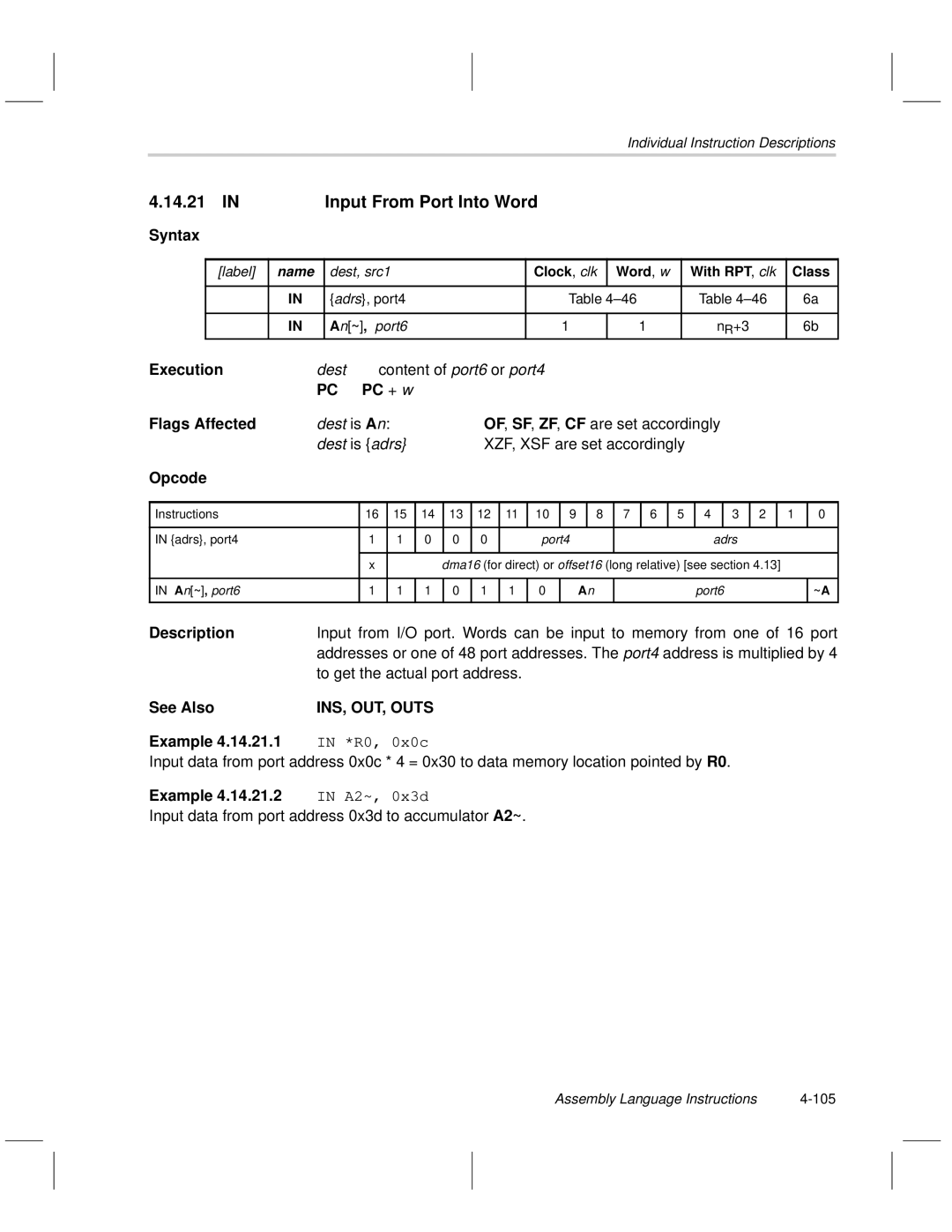 Texas Instruments MSP50C6xx manual Input From Port Into Word, INS, OUT, Outs, A2~, 0x3d 