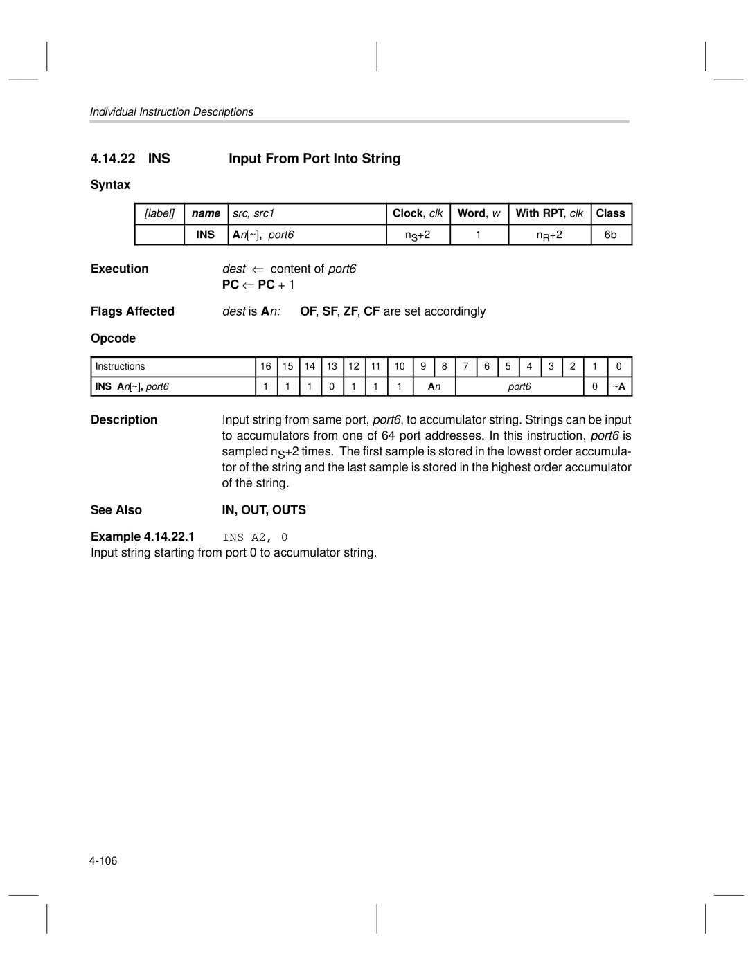 Texas Instruments MSP50C6xx manual INS Input From Port Into String, IN, OUT, Outs 