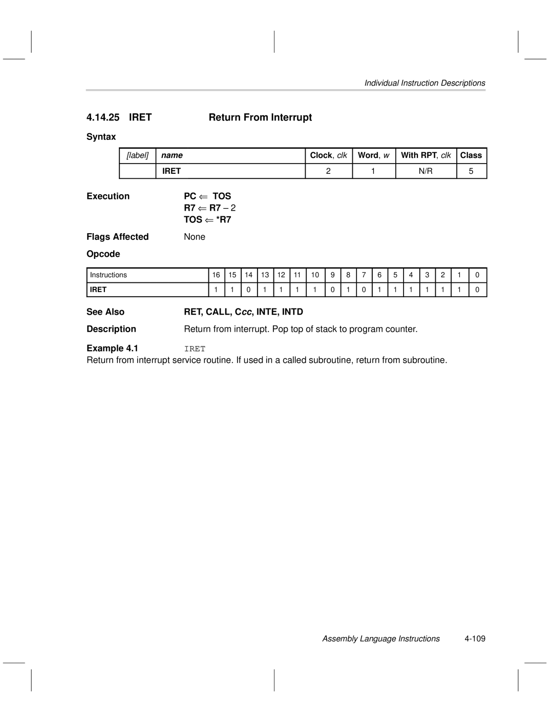 Texas Instruments MSP50C6xx manual Iret Return From Interrupt, Assembly Language Instructions 109 