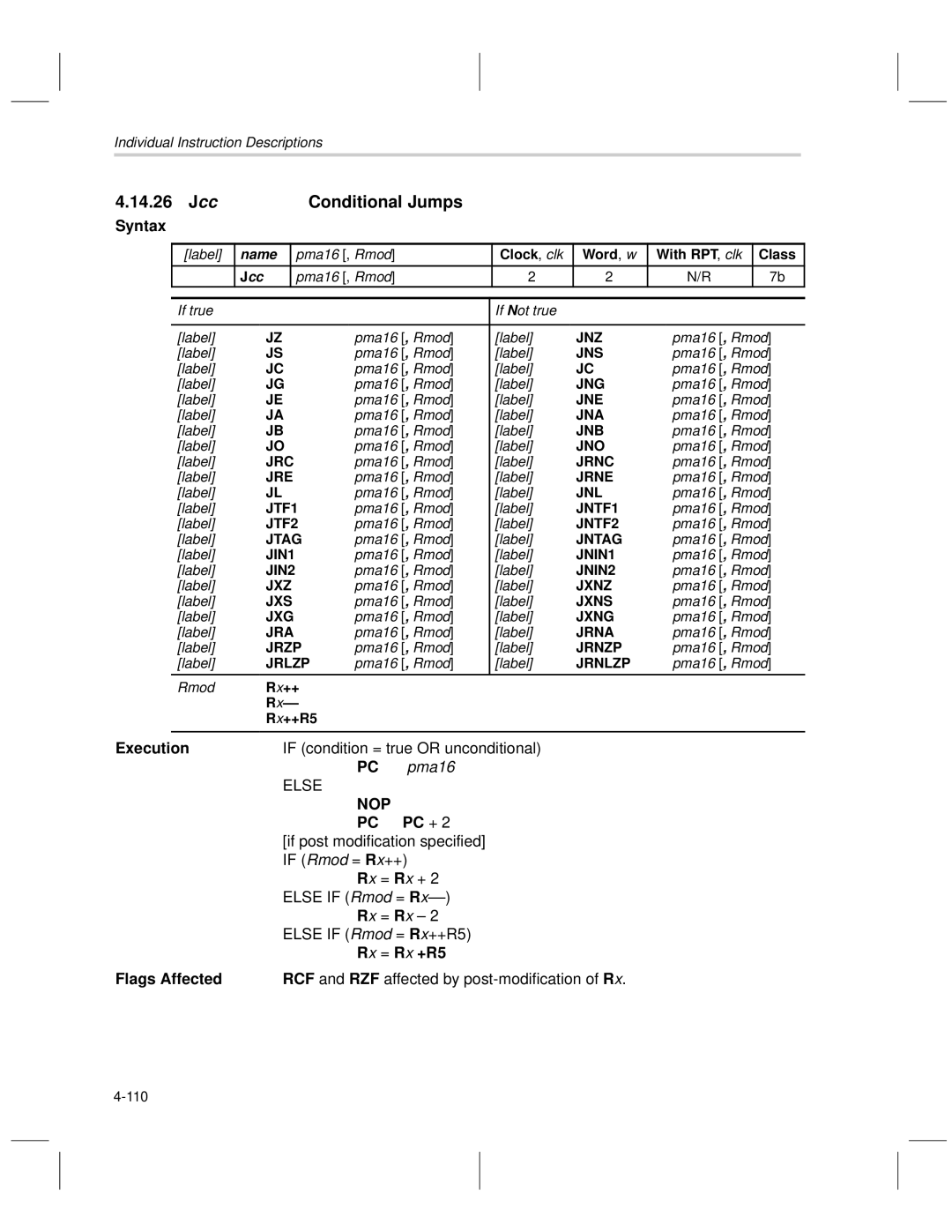 Texas Instruments MSP50C6xx manual Conditional Jumps, RCF and RZF affected by post-modification of R 