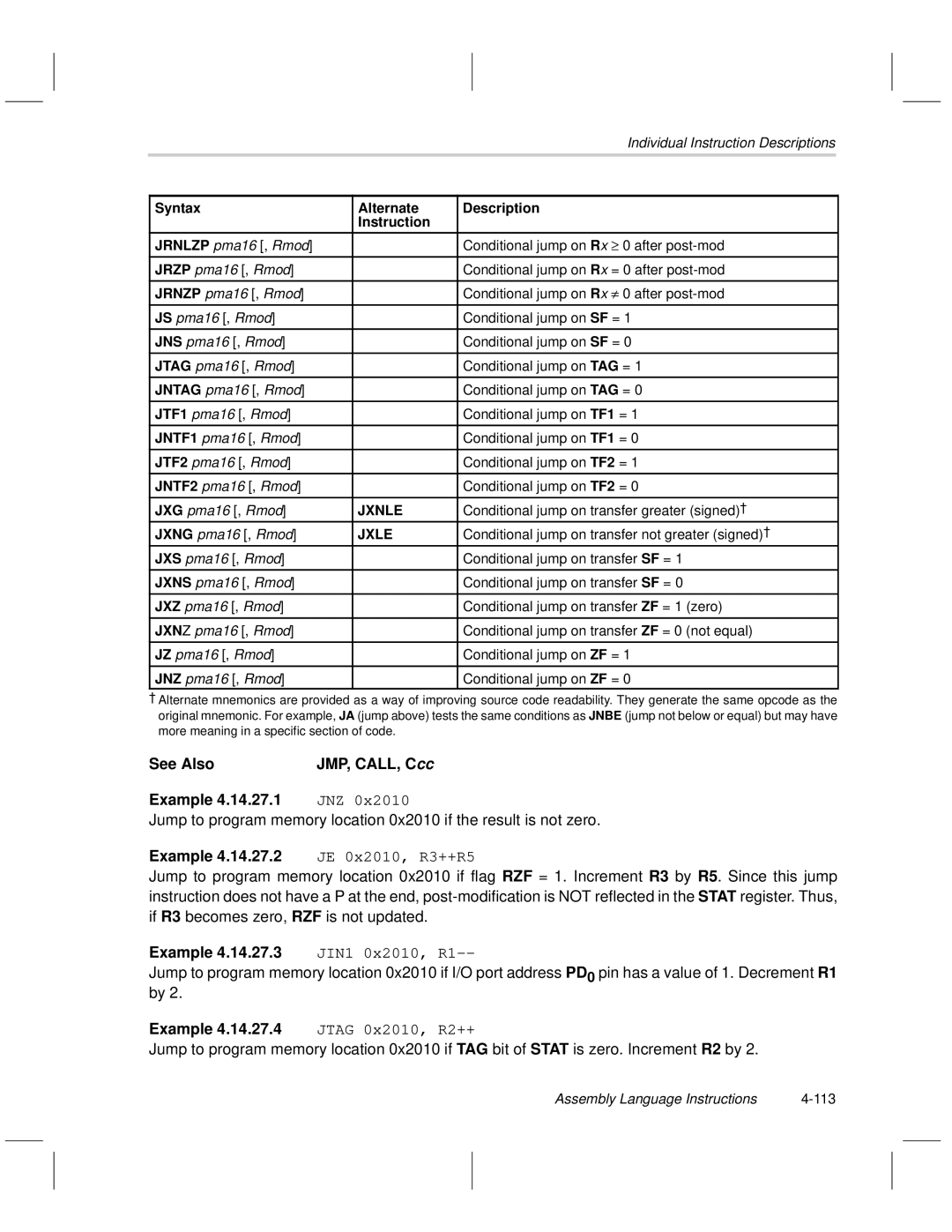 Texas Instruments MSP50C6xx manual See Also JMP, CALL, C cc Example, Jnz, JE 0x2010, R3++R5, Jtag 0x2010, R2++ 