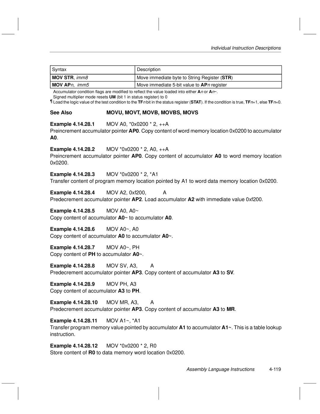 Texas Instruments MSP50C6xx manual MOVU, MOVT, MOVB, MOVBS, Movs, Example 4.14.28.10 MOV MR, A3, --A 