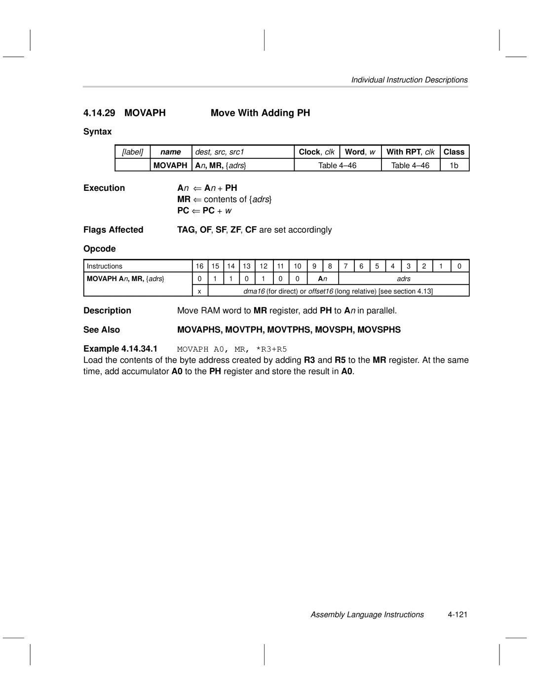 Texas Instruments MSP50C6xx manual Movaph Move With Adding PH, Execution An + PH, MOVAPHS, MOVTPH, MOVTPHS, MOVSPH, Movsphs 