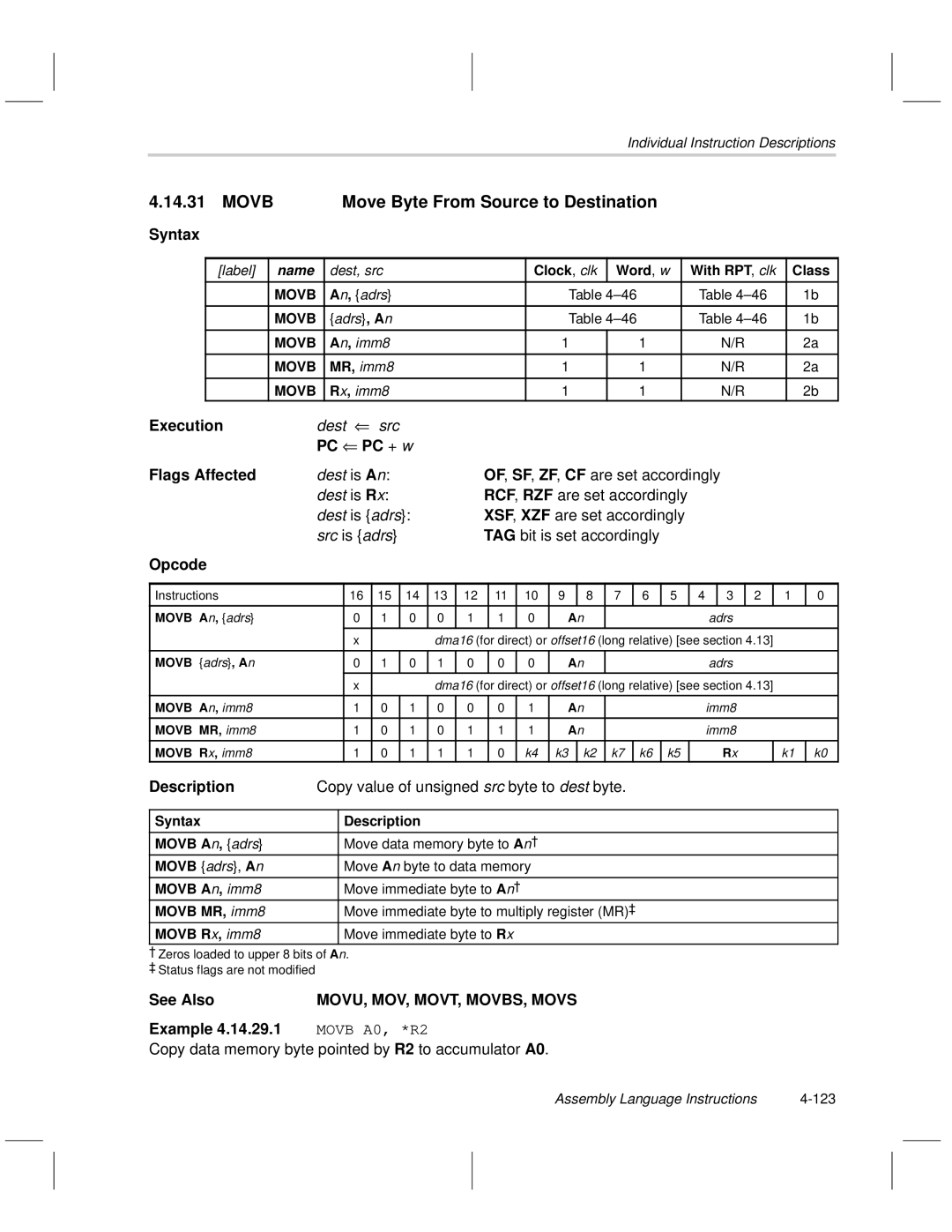 Texas Instruments MSP50C6xx manual Movb Move Byte From Source to Destination, Copy value of unsigned src byte to dest byte 